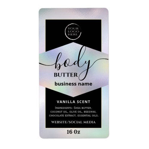 Modern your logo holographic script body butter  label
