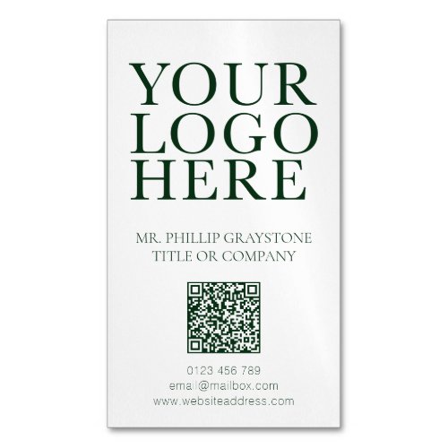 Modern Your Logo Image Green  White QR Code Business Card Magnet