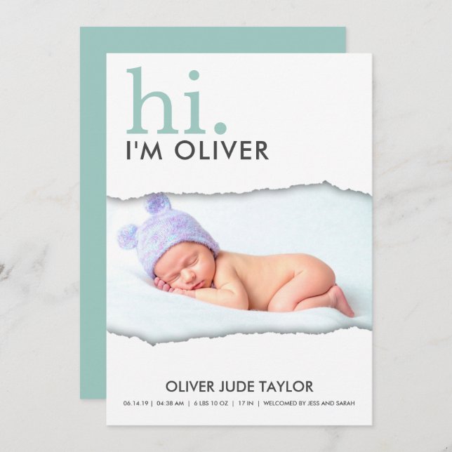 Modern Your Photo Torn Paper Birth Announcement (Front/Back)