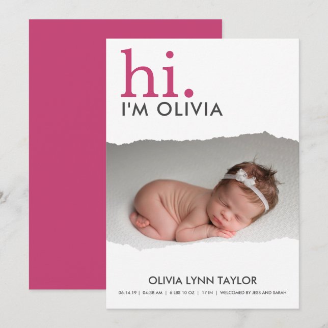 Modern Your Photo Torn Paper Birth Announcement (Front/Back)