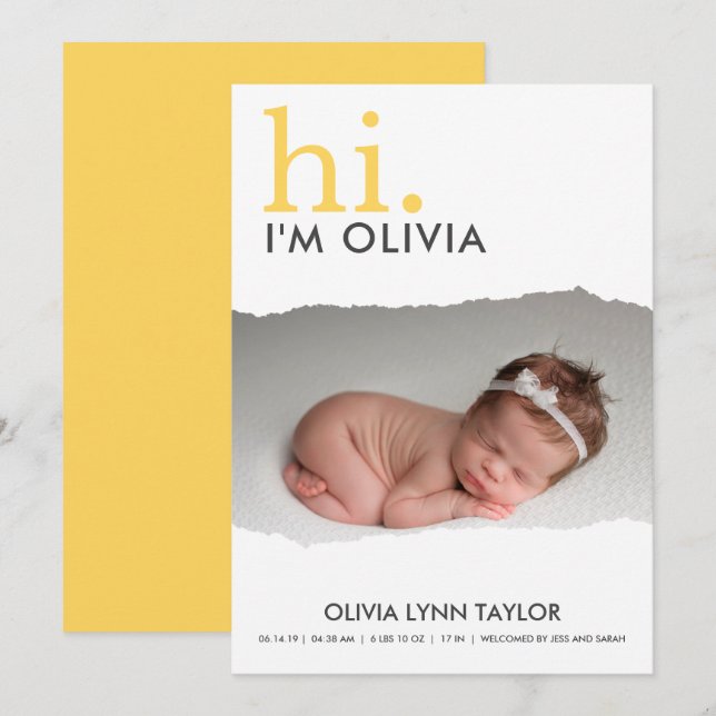 Modern Your Photo Torn Paper Birth Announcement (Front/Back)