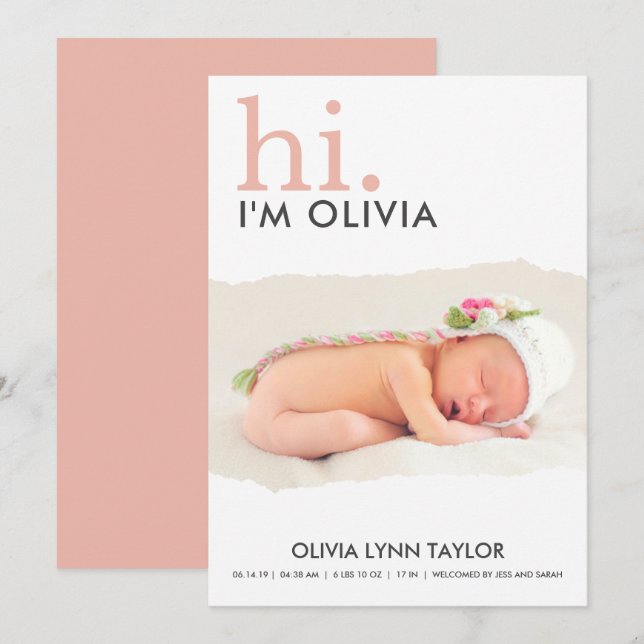 Modern Your Photo Torn Paper Birth Announcement (Front/Back)