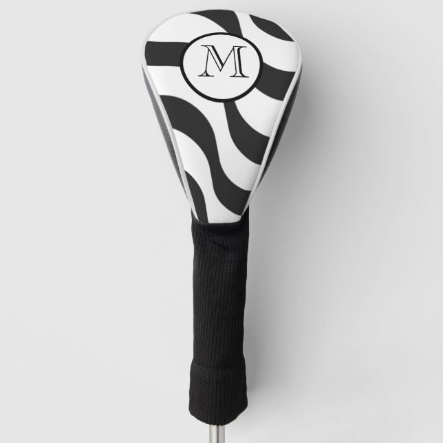 Modern Zebra Monogram Black White Stripes Golf Head Cover (Front)