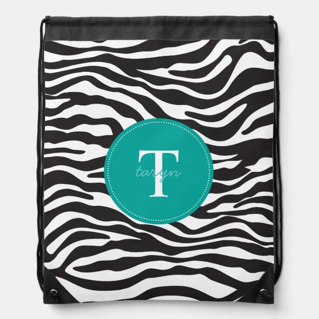 Modern Zebra Monogram Drawstring Backpack (Front)