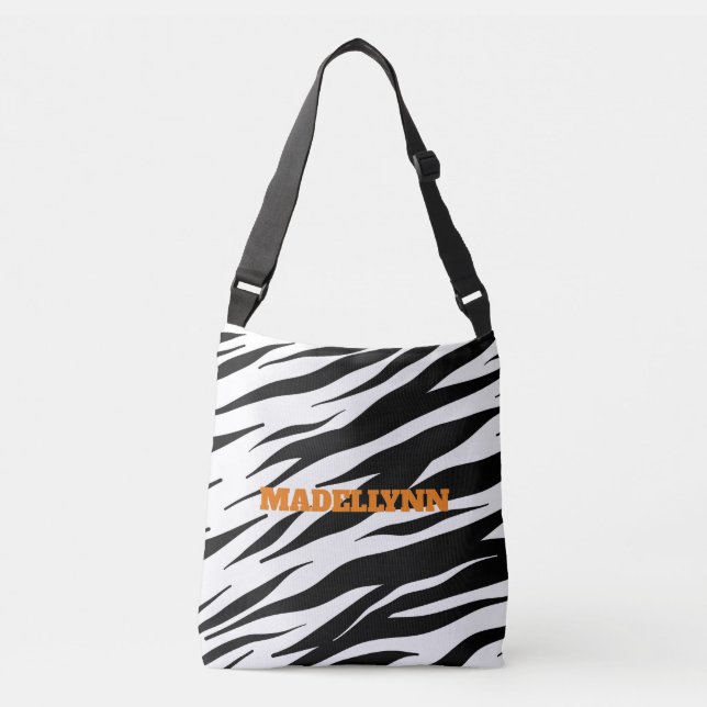 Modern Zebra Pattern Personalized Orange Text Tote (Front)