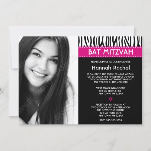 Modern Zebra Pink Photo Bat Mitzvah Invitations