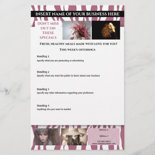 Modern zebra print designer 6 photo hair stylist flyer