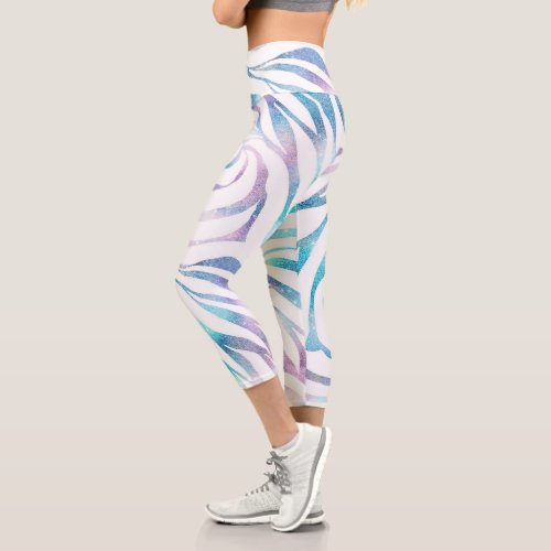 Modern Zebra Print Glam Blue Purple Glitter  Capri Leggings