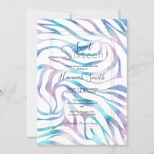 Modern Zebra Print Glam Blue Purple Glitter  Invitation