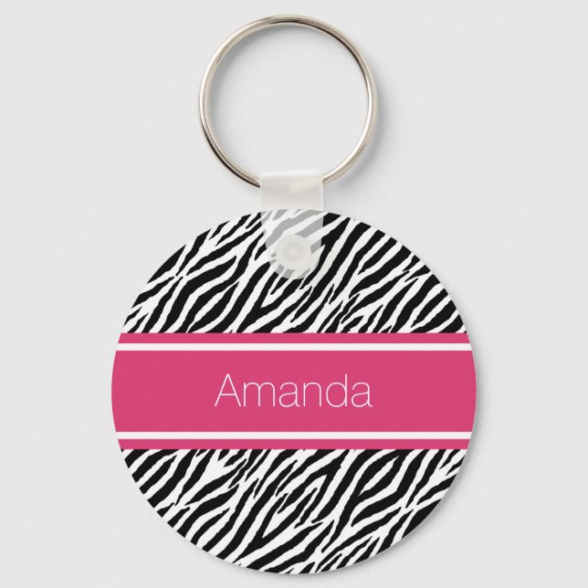 Modern Zebra Print With Pink Stripe and Name Keychain (Front)
