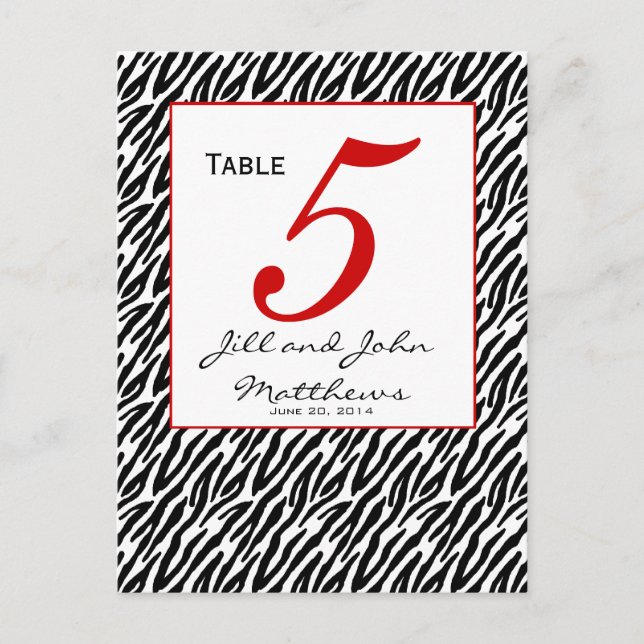 Modern Zebra Stripe Wedding Table Number Card (Front)