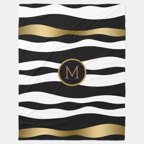 Modern Zebra Stripes Black White Gold Fleece Blanket