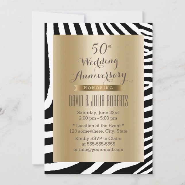 Modern Zebra Stripes Gold 50th Wedding Anniversary Invitation (Front)