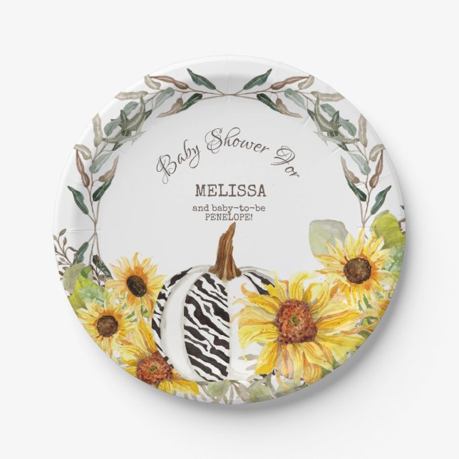 Modern Zebra White Pumpkin Sunflowers Baby Shower Paper Plates (Front)