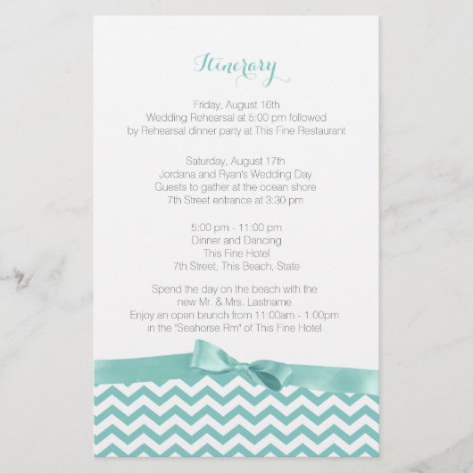 Modern Zig Zag Aqua and Grey Itinerary (Front)
