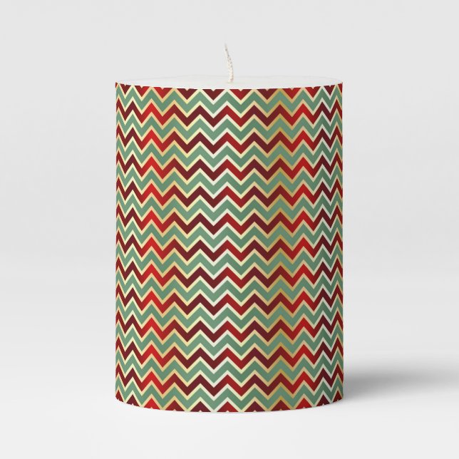Modern Zig Zag Red and Green Stripes Pillar Candle (Front)