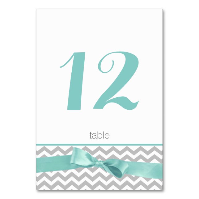 Modern Zigzag and Aqua Bow Table Number Card (Front)