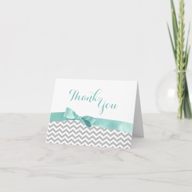 Modern Zigzag and Aqua Bow Thank You Card (Front)