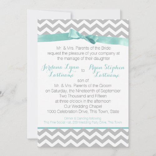 Modern Zigzag Aqua and Bow Personalized Invitations