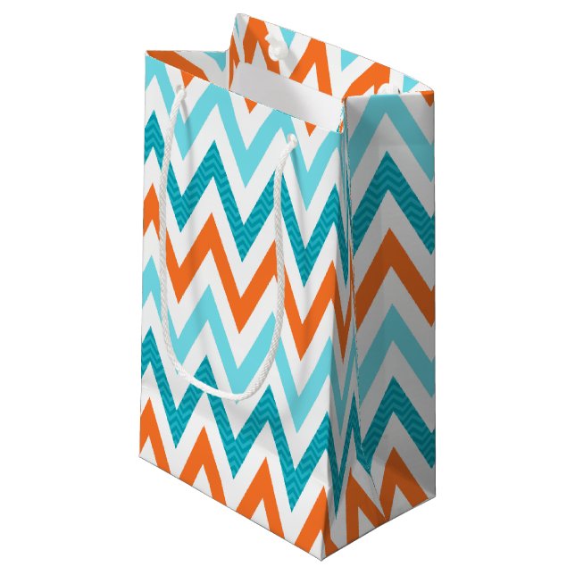 Modern ZigZag Chevron Orange Aqua Blue Pattern Small Gift Bag (Front Angled)
