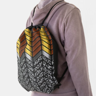 Modern Zigzag Chevron Snow Leopard Animal Print Drawstring Bag