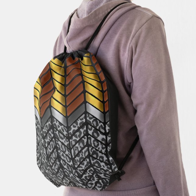 Modern Zigzag Chevron Snow Leopard Animal Print Drawstring Bag (Insitu)