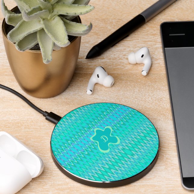 Modern zigzag pattern - turquoise monogram wireless charger  (Desk 2)