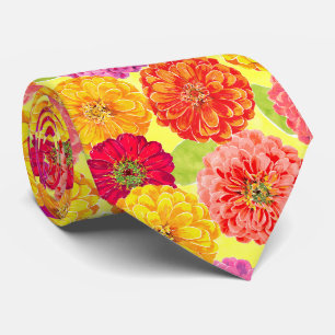 Modern Zinnia Yellow, Pink, Orange Floral Pattern Neck Tie
