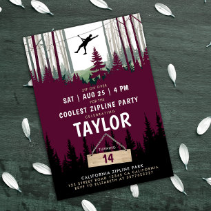 Modern Zipline Burgundy Forest Birthday Adventure Invitation