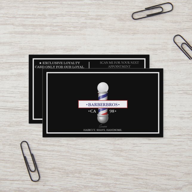 ModernBarbershop Barber Pole Elegant Black Loyalty Business Card (Front/Back In Situ)
