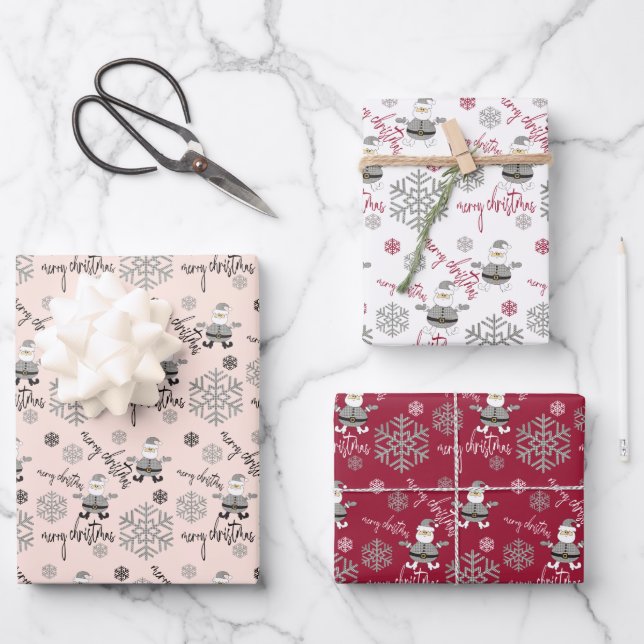 ModernCute Santa Snowflakes Pattern Wrapping Paper Sheets (Front)