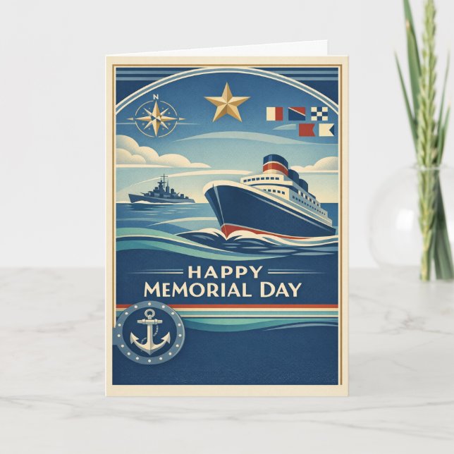Moderne Blue Nautical Memorial Day Card (Front)
