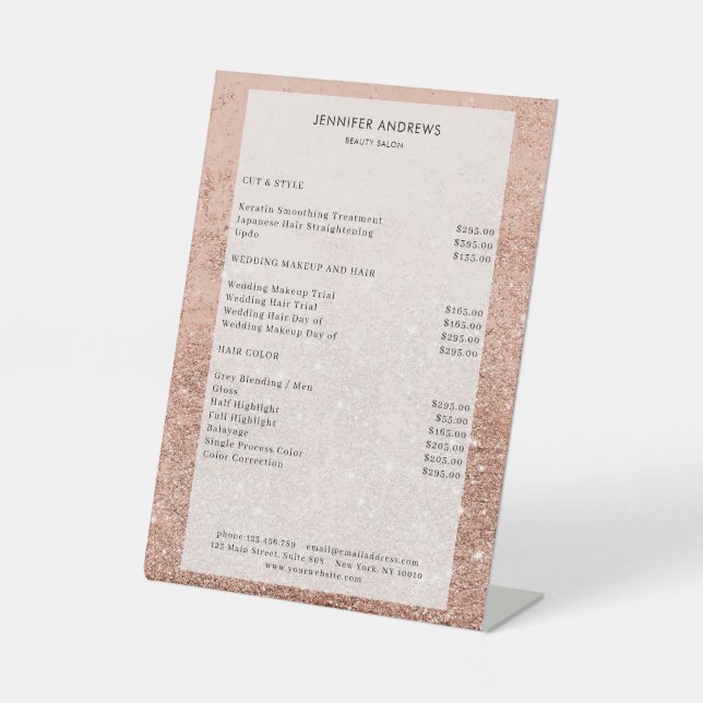 Moderner Pfirsich Glitzer Salon Price  Pedestal Sign (Front)