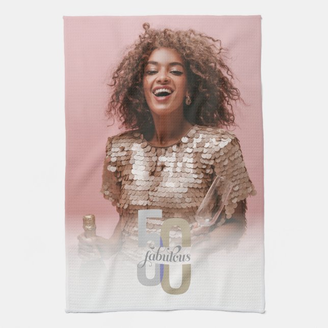 ModernFifty & Fabulous 50th Birthday Elegant Photo Kitchen Towel (Vertical)