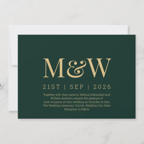 ModernForrest Green Gold Monogram Wedding Invitation