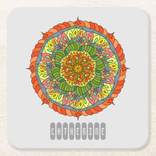 Modernism Mandala in Yellow Green and Red  Cerami Square Paper Coaster