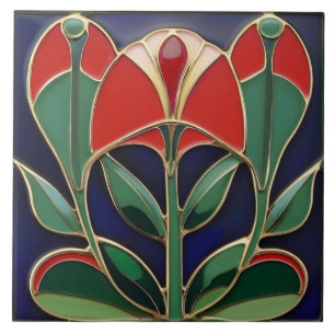 Modernist Art Nouveau Green & Red Flower Curves Ceramic Tile