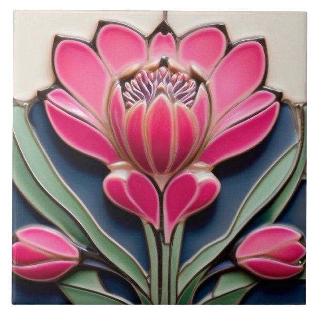 Modernist Art Nouveau Protea Flower Hot Pink Ceramic Tile (Front)