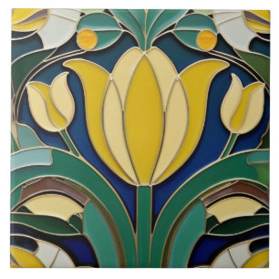 Modernist Art Nouveau Yellow Tulip Flower Ceramic Tile