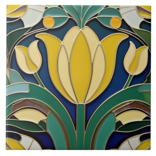 Modernist Art Nouveau Yellow Tulip Flower Ceramic Tile (Front)