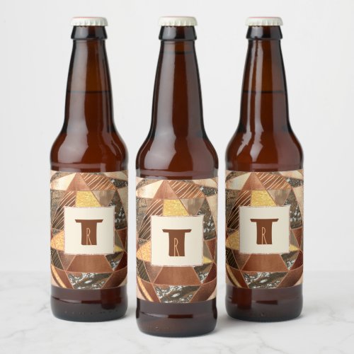 Modernist Copper and Gold Geometry Monogram Beer Bottle Label