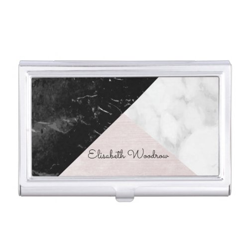 Modernist Geometric Trio Black White Pink Silk Business Card Case