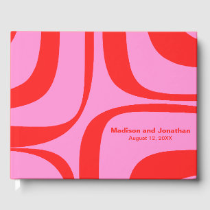 Modernist Retro Groove Preppy Pink and Red Guest Book
