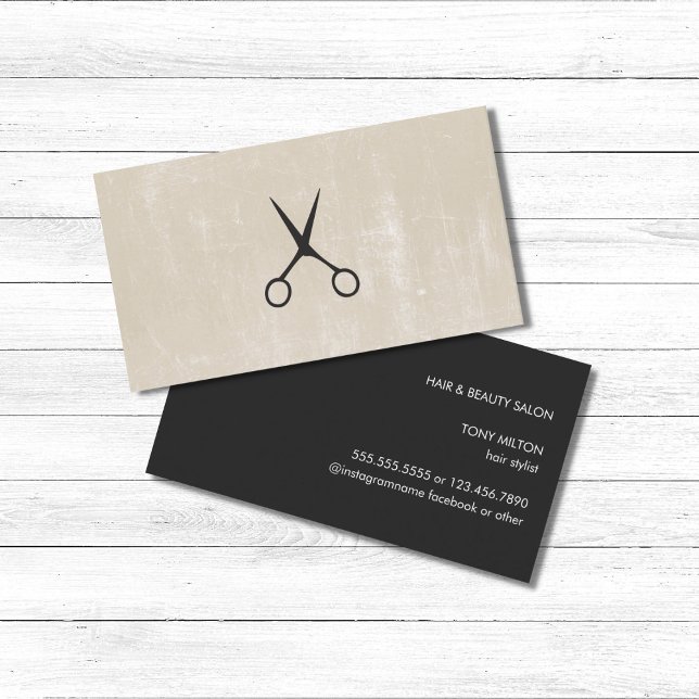 Modernl Elegant Black Beige Scissors Hair Stylist Business Card (Creator Uploaded)