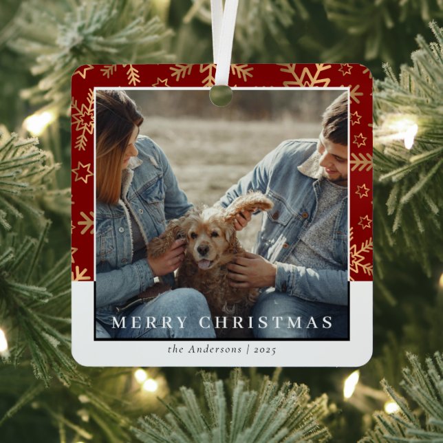 Modernl Stylish Red Gold Christmas Couple Photo Metal Ornament (Insitu)