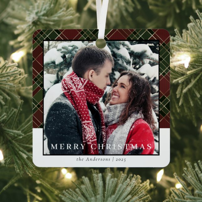 Modernl Stylish Red Plaid Christmas Couple Photo Metal Ornament (Insitu)