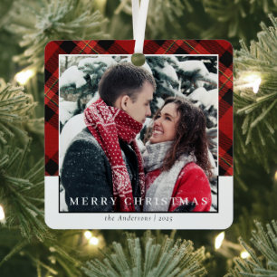 Modernl Stylish Red Plaid Christmas Couple Photo Metal Ornament