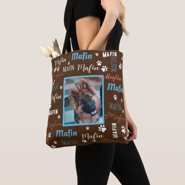 ModernPersonalized Photo Names Brown Blue Dog  Tote Bag (Close Up)