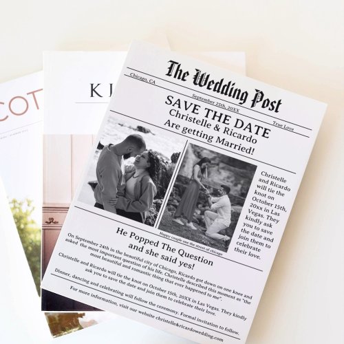 Modernscript newspaper wedding save the date  invitation