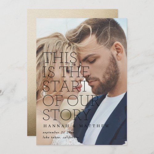 modernstart of our story gold typography wedding save the date